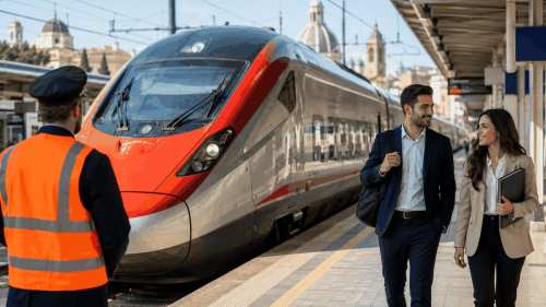 Stazione ferroviaria con treno fermo e dipendenti