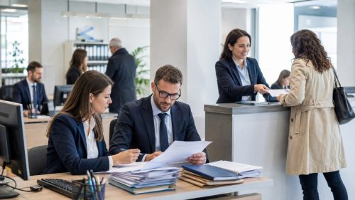 Impiegati al lavoro negli uffici dell'agenzia delle entrate