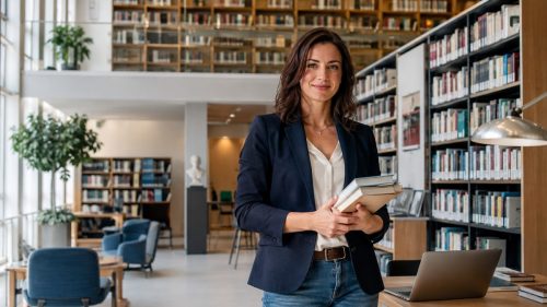 Impiegata addetta alla biblioteca con libro