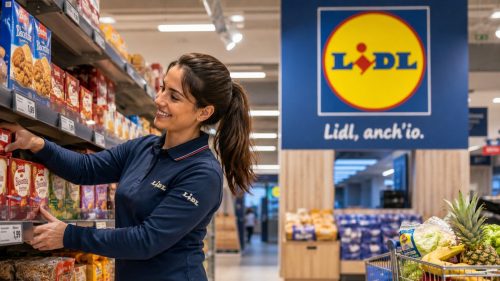 Operatore di filiali al lavoro tra gli scaffali Lidl