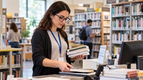 Assistente biblioteca al lavoro