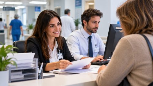 due impiegati amministrativi che assistono una cittadina all'accettazione ospedaliera
