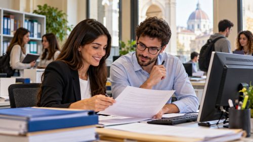 due collaboratori amministrativi al lavoro in un ufficio universitario